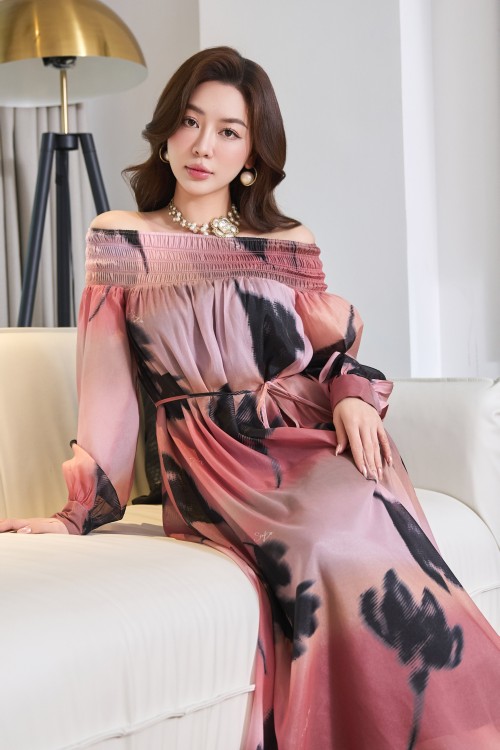 Sixdo Salmon Organza Flared Dress